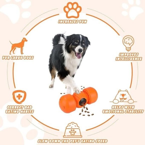 Interactive Dog Toy, Orange Rolling Treat Dispenser Slow Feeder Puzzle w Squeaky - Picture 2 of 16